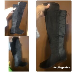 Black Over the Knee Boots with Textured Fabric and Adjustable Straps